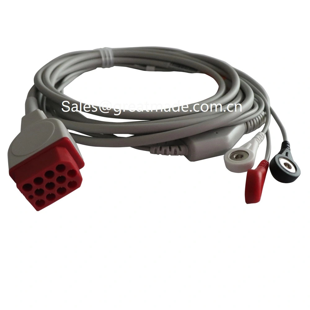 Compatibele Bionet BM3 BM5 eendelige ECG-kabel met stroomdraden, AHA, 3-draads, klik, rood 12pin