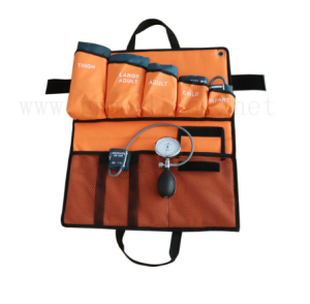 6sizes bloeddruk manchet, met druk display gauge en pvc druk lamp, oranje draagbare packed tas kitS