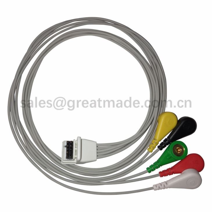 Compatibele Mortara H3 5-draads holter ECG-kabel, Snap, IEC, TPU