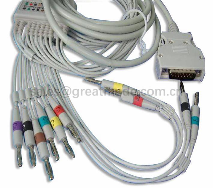 Compatibele Mortara ELI100, ELI200 10 Lead EKG-kabel met IEC Banana 4.0 leadwire, DB15M, 4.7KΩ weerstand