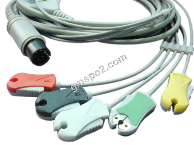 Eendelige ECG-kabel met 5-Ld, TPU, IEC, Clip, 12ft & 180º rechte connector, 6PIN